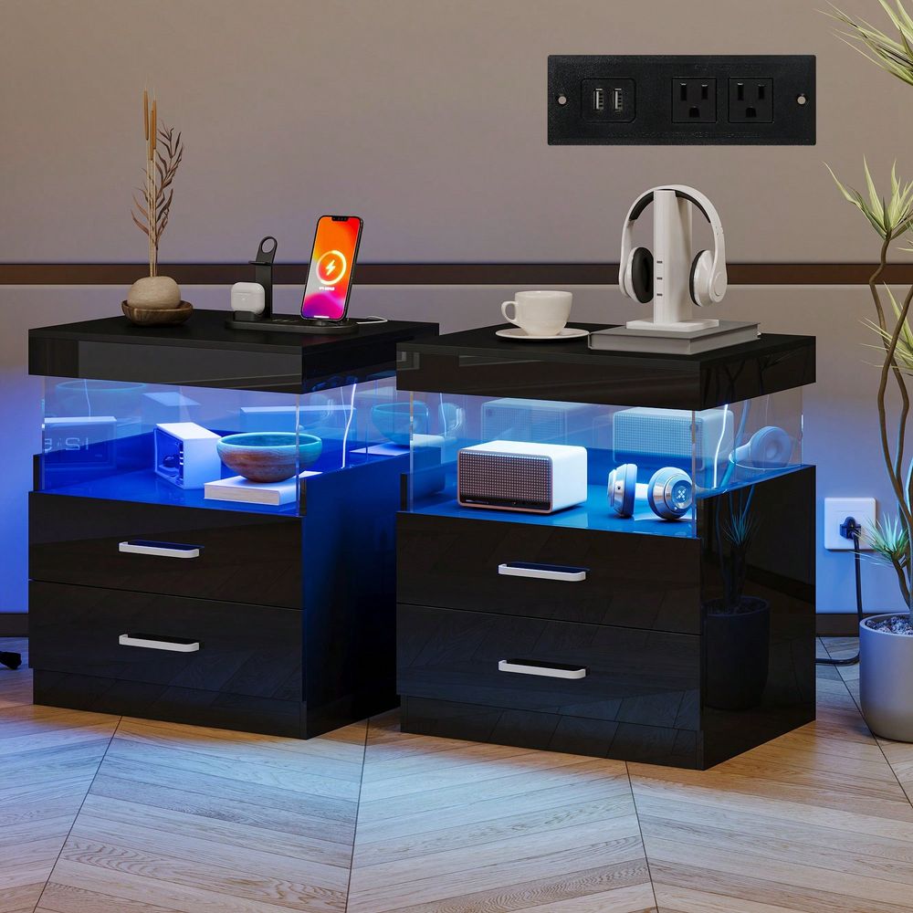 Floating Nightstand With Led Light - Mesa de Noche LED Negra con