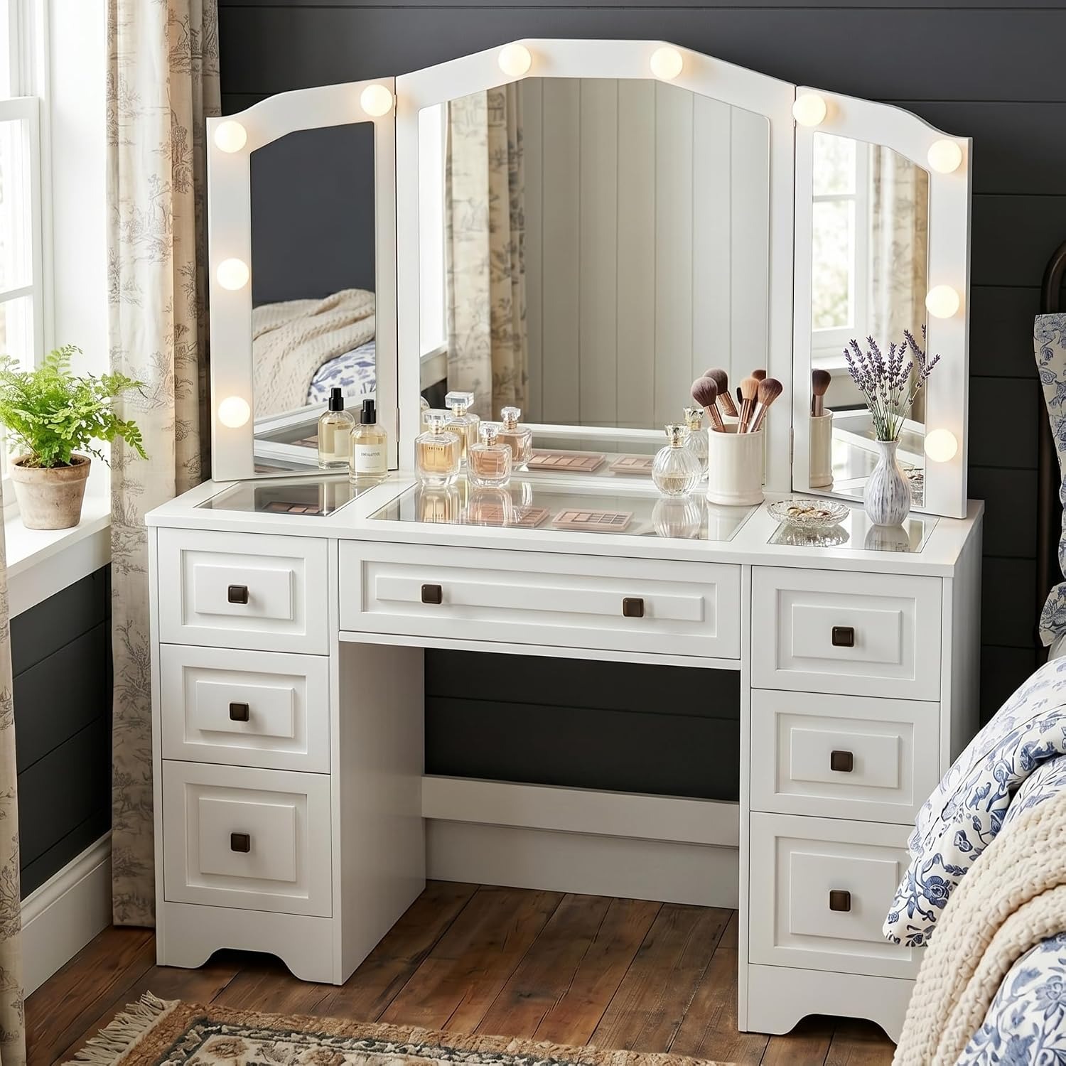 Dressing Table Vanity With Lighted Mirror - Escritorio de tocador iluminado, espejo triple,