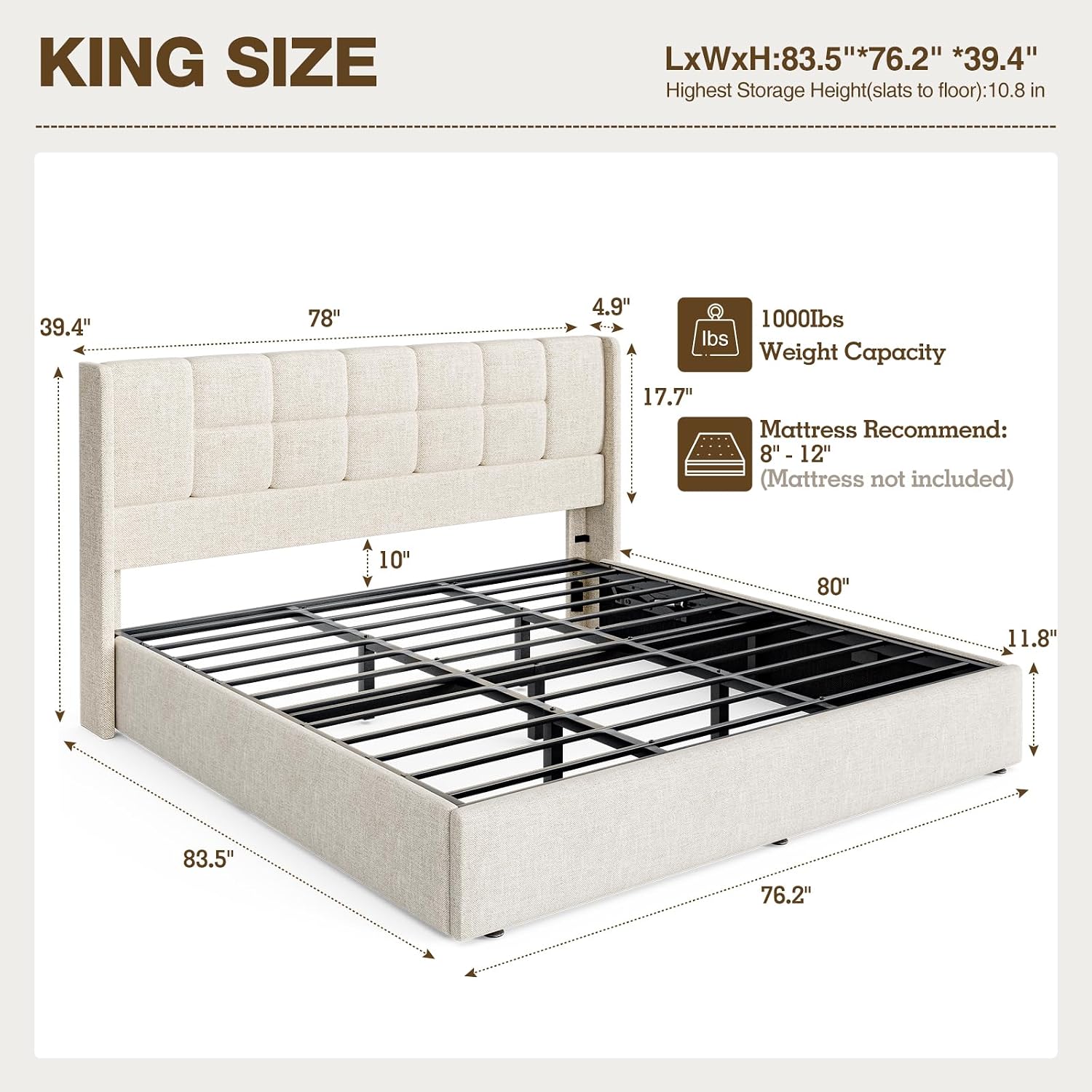 Base de Cama King Size Tapizad - Gas Lift Storage Bed Hydraulic reseña y precio