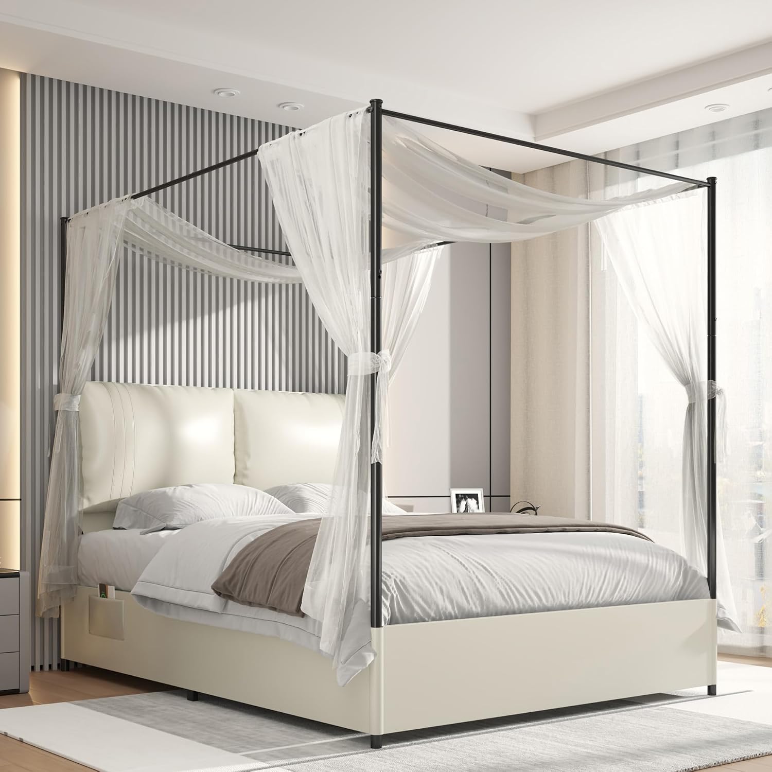 Base de Cama Queen con Toldo,  - Canopy Bed Frame Metal Queen reseña y precio