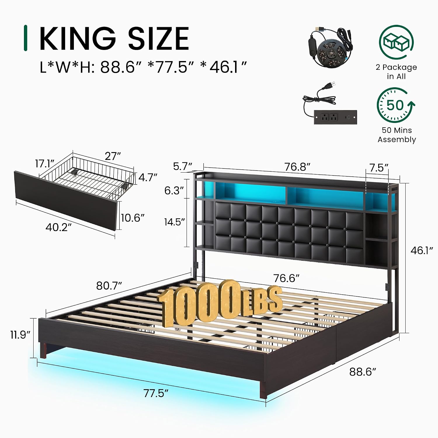 Base de Cama King Size de Made - King Size Bed Frame With Storage Drawers reseña y precio