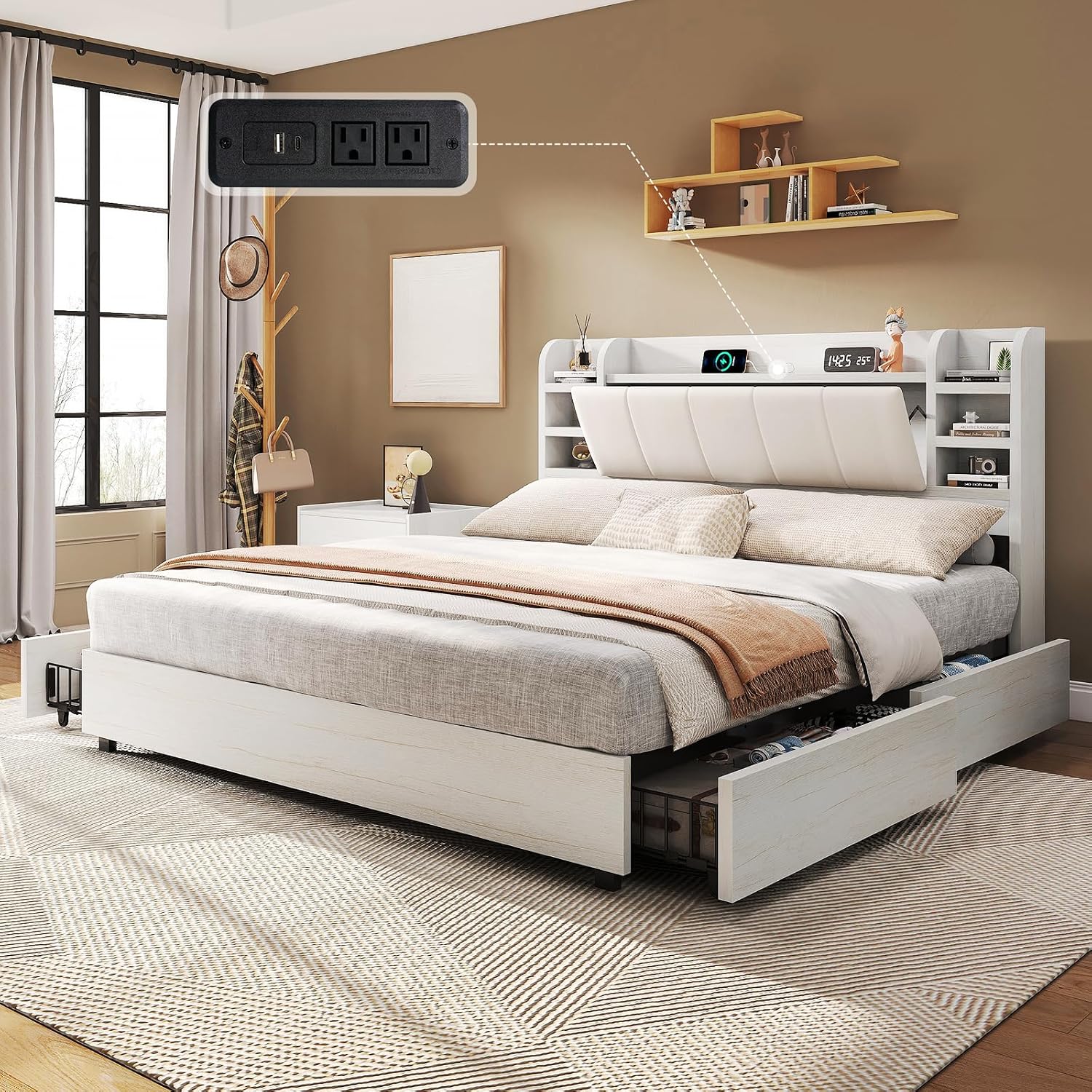 Cama King Size Tapizada con Ca - King Size Bed Frame With Storage Drawers reseña y precio