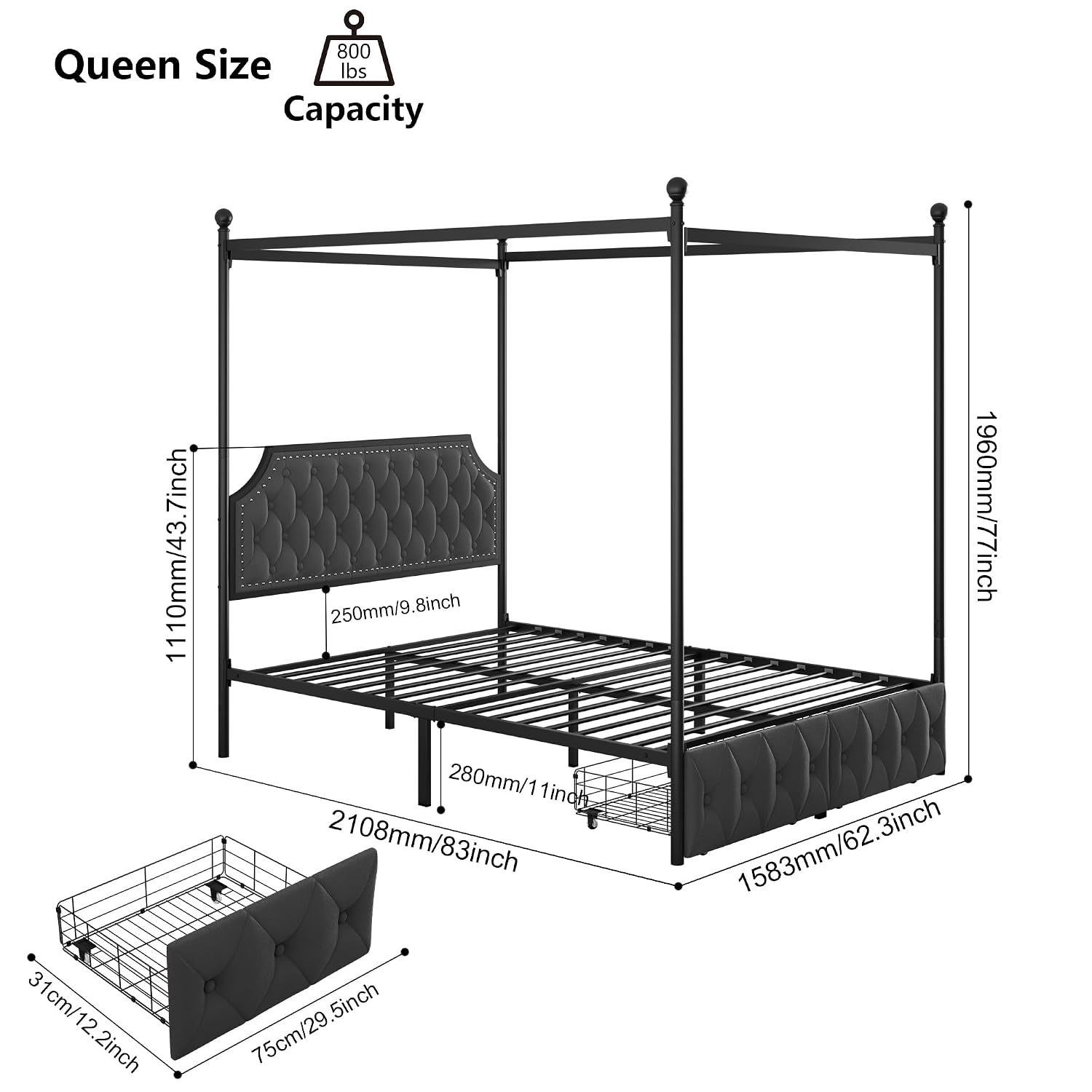 Cama Queen con dosel, con cajo - Canopy Bed Frame Metal Queen reseña y precio