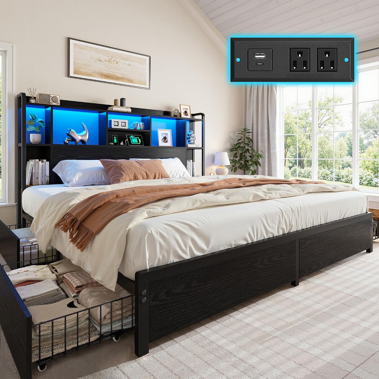 Base de Cama King Size con Cab - King Size Bed Frame With Storage Drawers reseña y precio