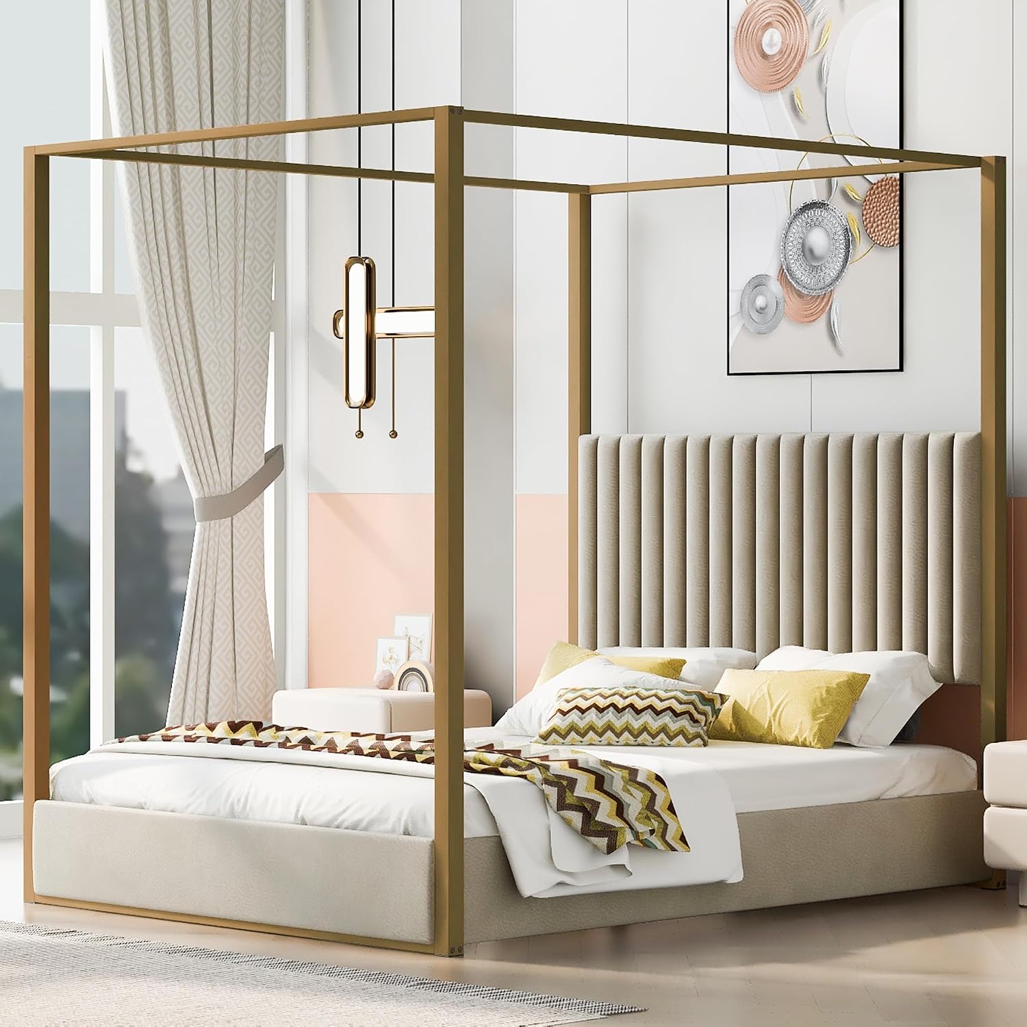 Cama de Plataforma Moderna con - Canopy Bed Frame Metal Queen reseña y precio
