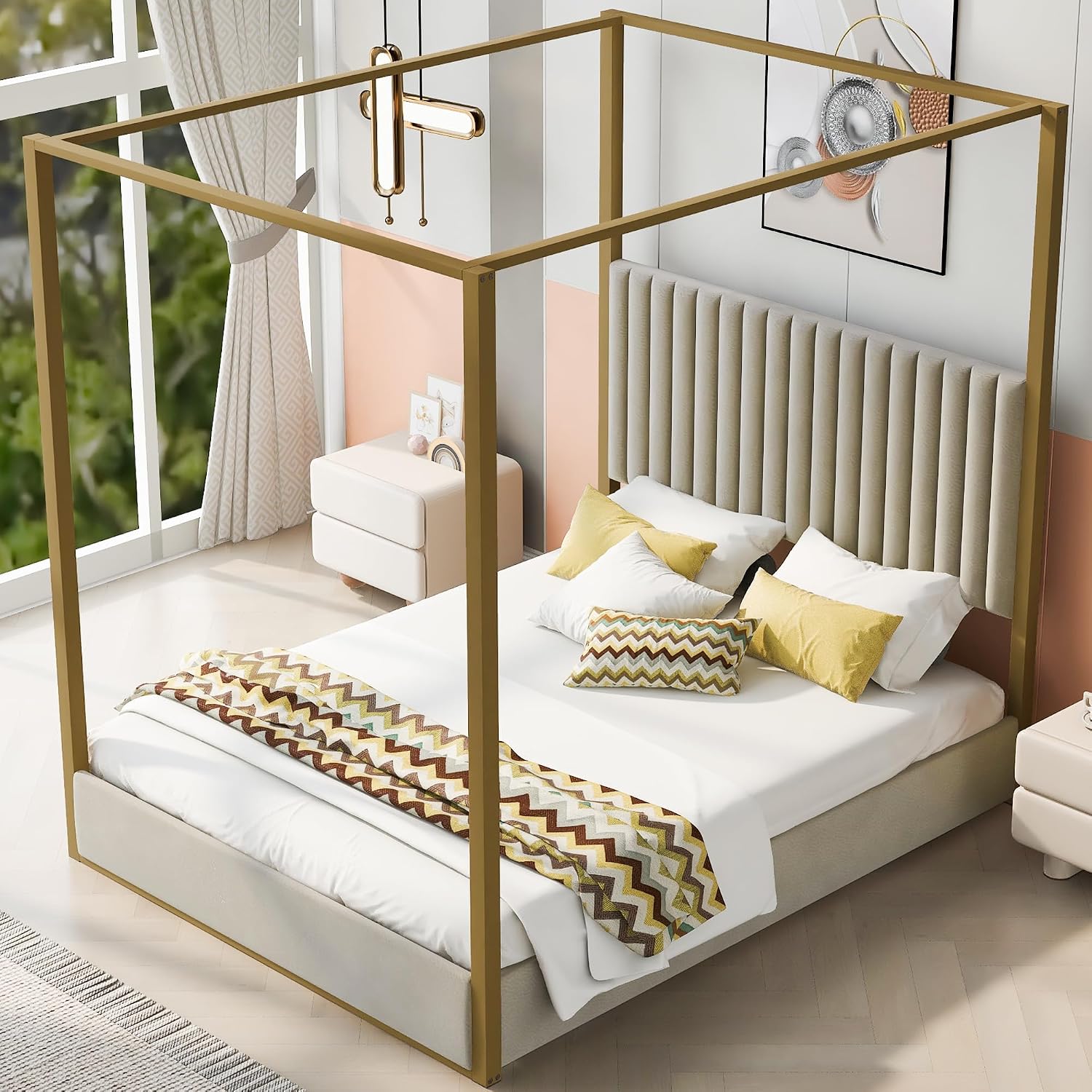 Cama de Plataforma Moderna con - Canopy Bed Frame Metal Queen reseña y precio