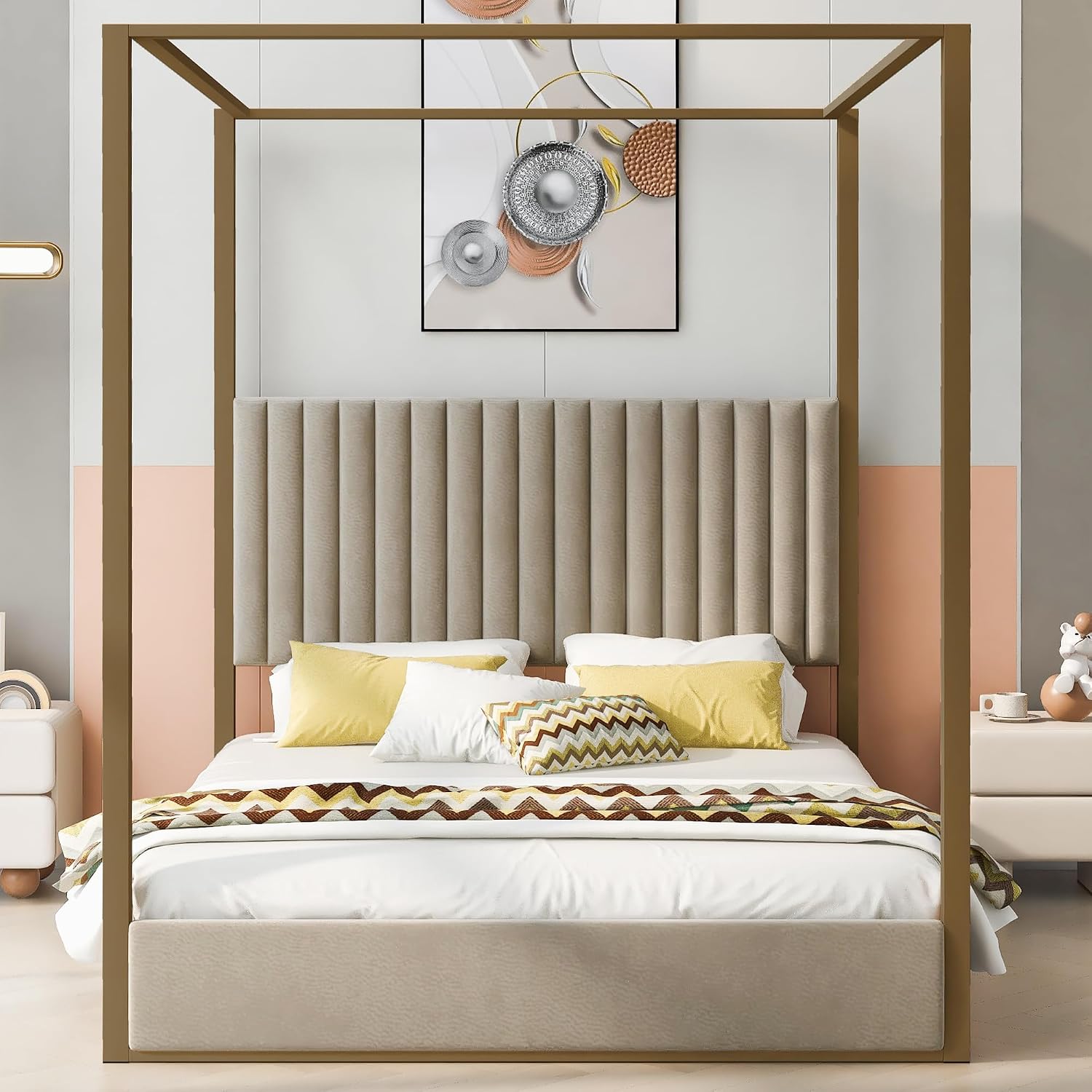 Cama de Plataforma Moderna con - Canopy Bed Frame Metal Queen reseña y precio