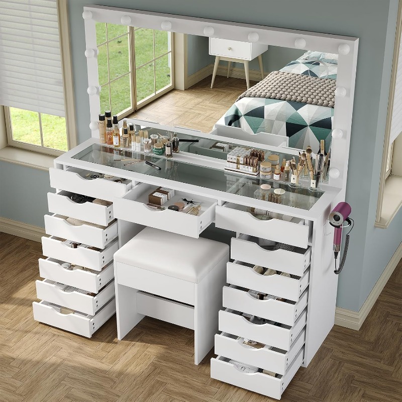 Mesa de tocador Yanosaku con e - Dressing Table Vanity With Lighted Mirror reseña y precio